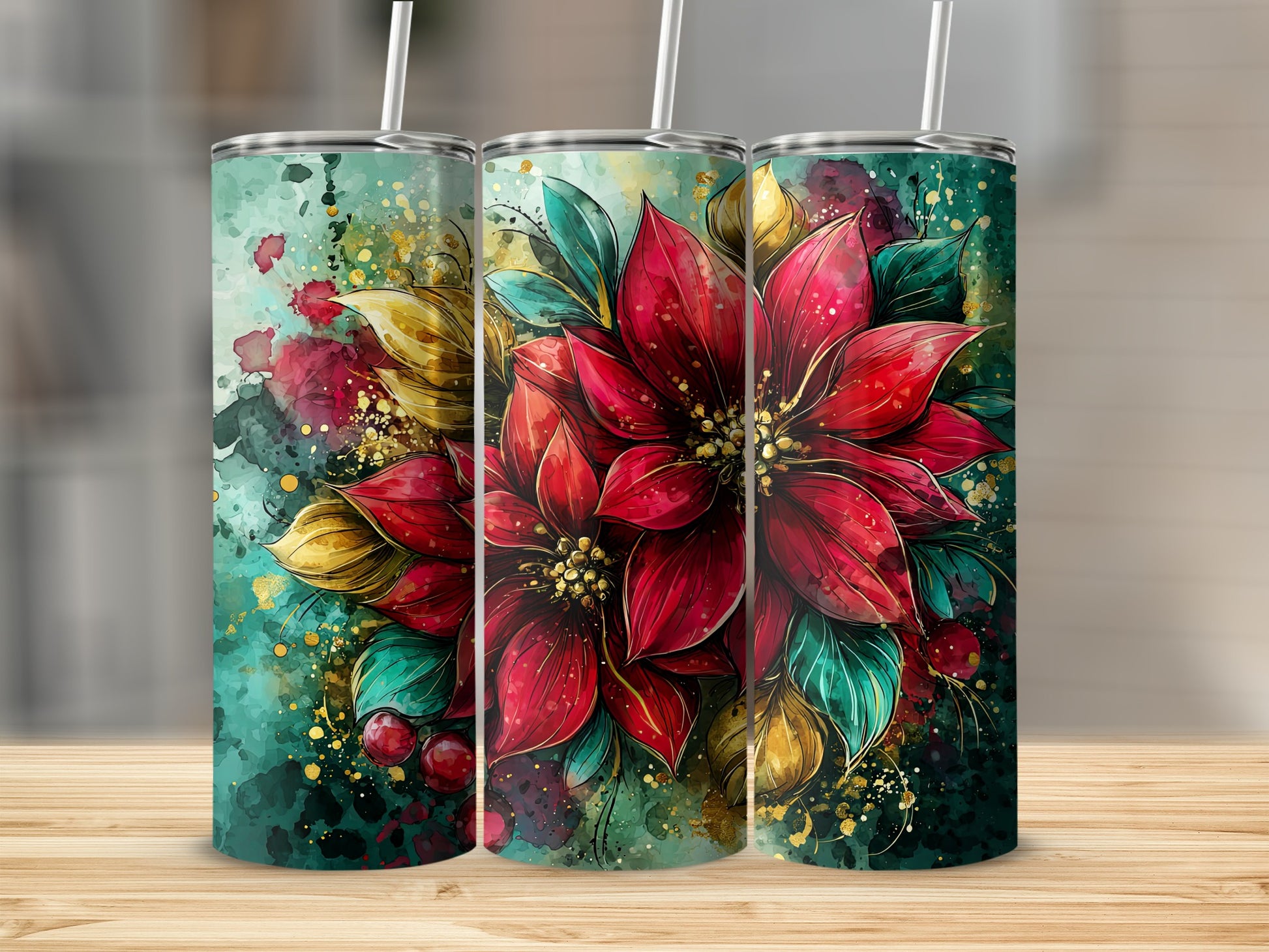 Festive Floral Design 3-Pack Insulated Tumblers
