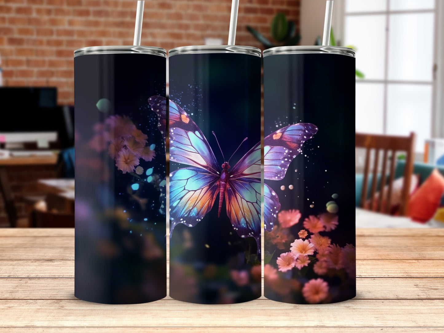 Iridescent Butterfly Dark Floral Sparkle Tumbler product type