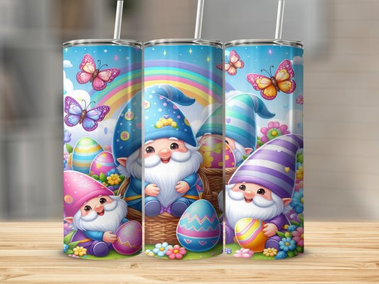 Three Easter gnomes with eggs and butterflies against a rainbow background.