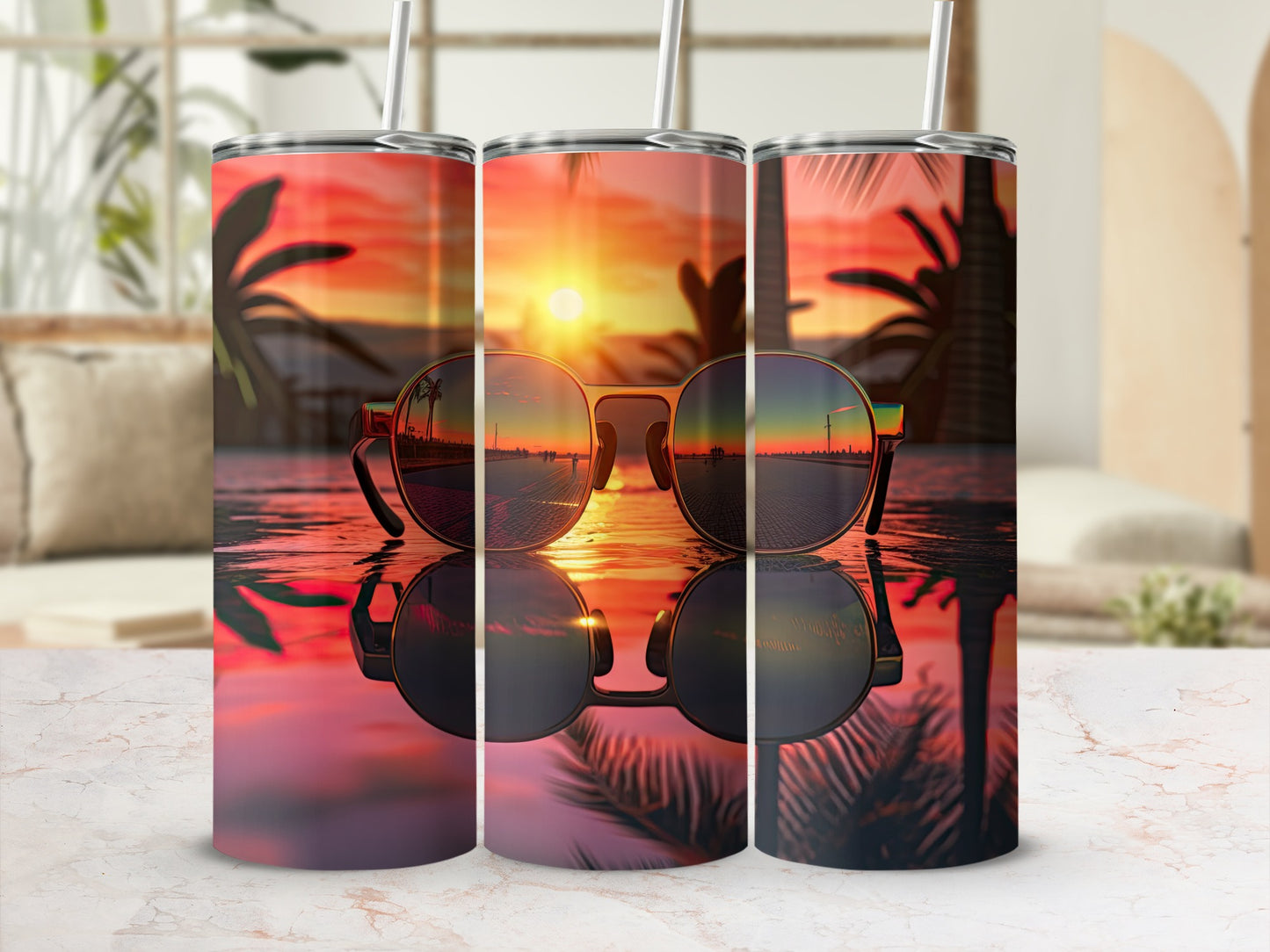 Sunset Reflection in Sunglasses Tumbler Design
