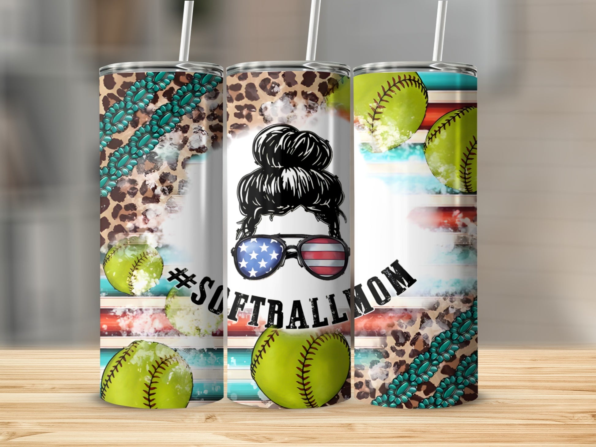Softball mom tumbler with leopard print, turquoise pattern, and American flag hair bun.