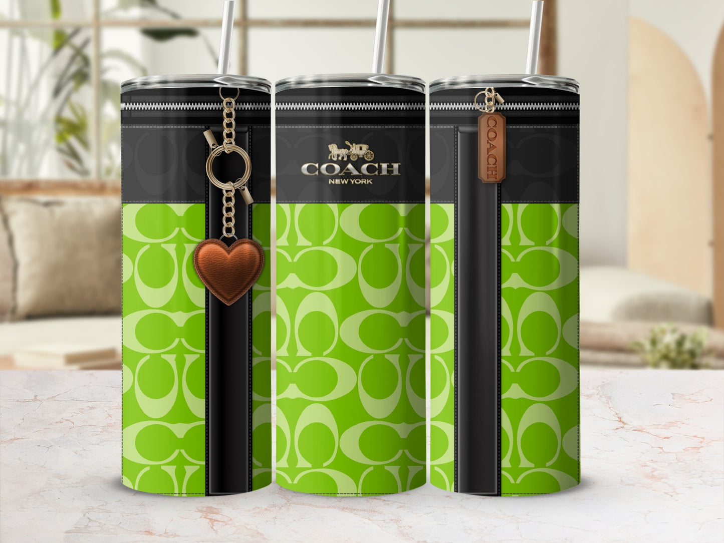 Coach New York Green Patterned Tumbler with Charm