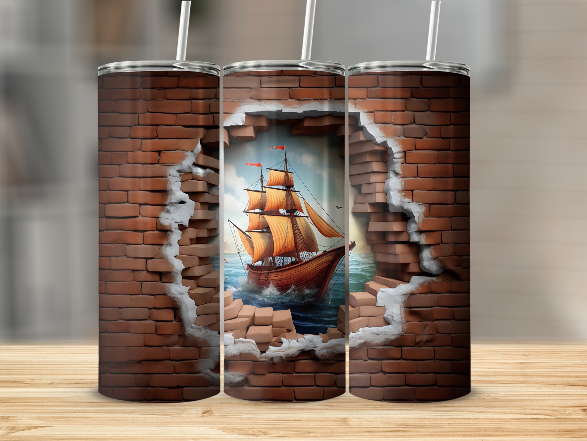 Vintage Ship Design Brick Wall Torn Art Tumbler