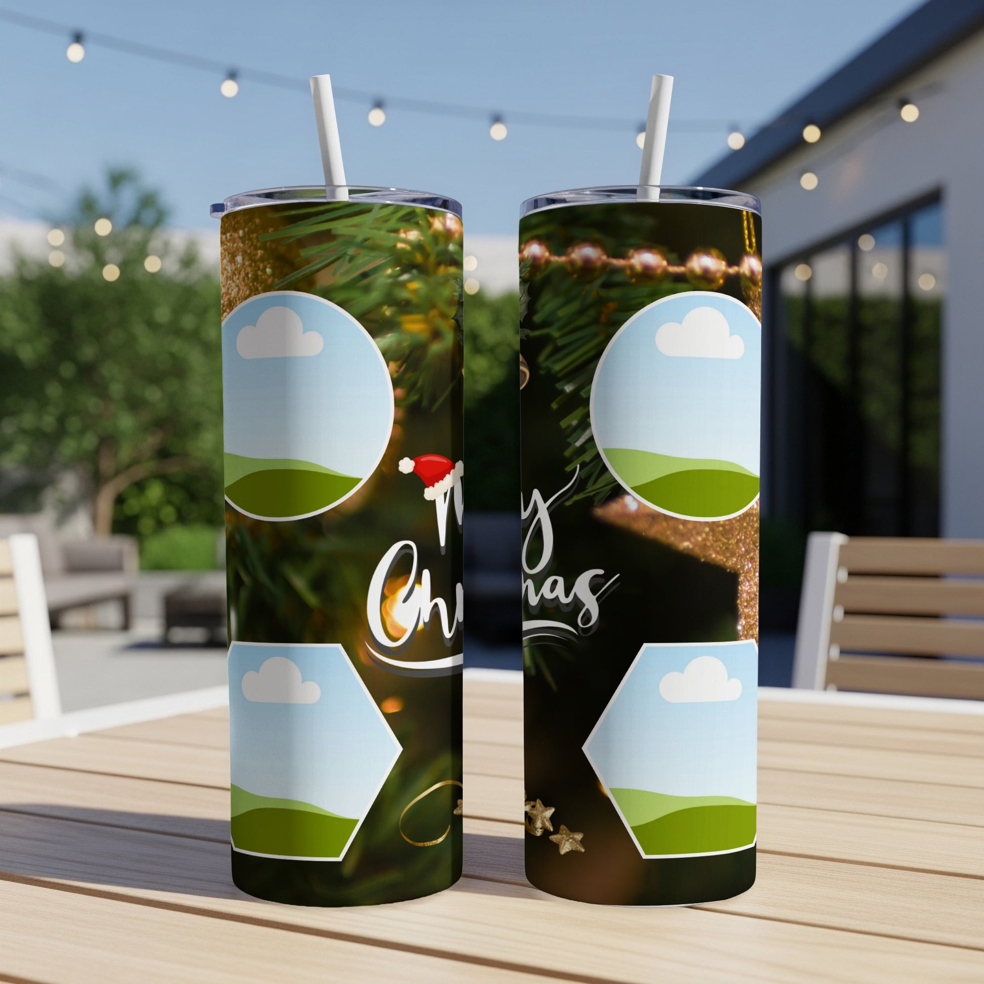Two tumblers with a Merry Christmas design featuring pine branches and personalized photo frames.