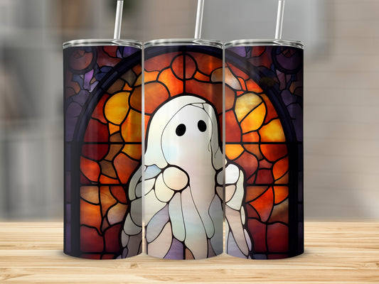 Three tumblers featuring a stained-glass ghost against a dark, colorful background.