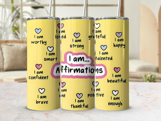 Yellow tumbler with "I am Affirmations" and heart shapes in pink and purple.