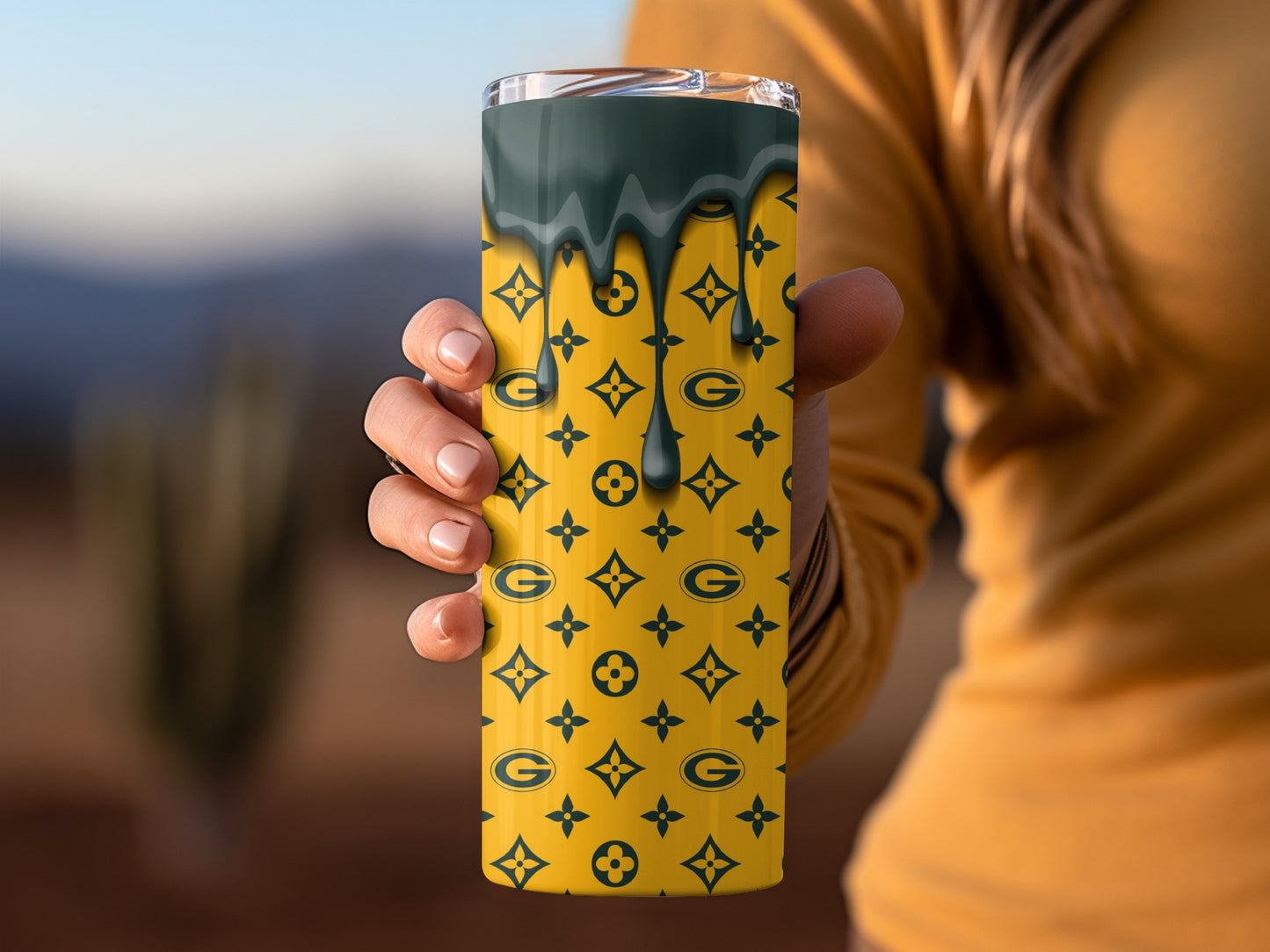 Green Bay Packers Emblem and Drip Over Yellow Background Tumblers