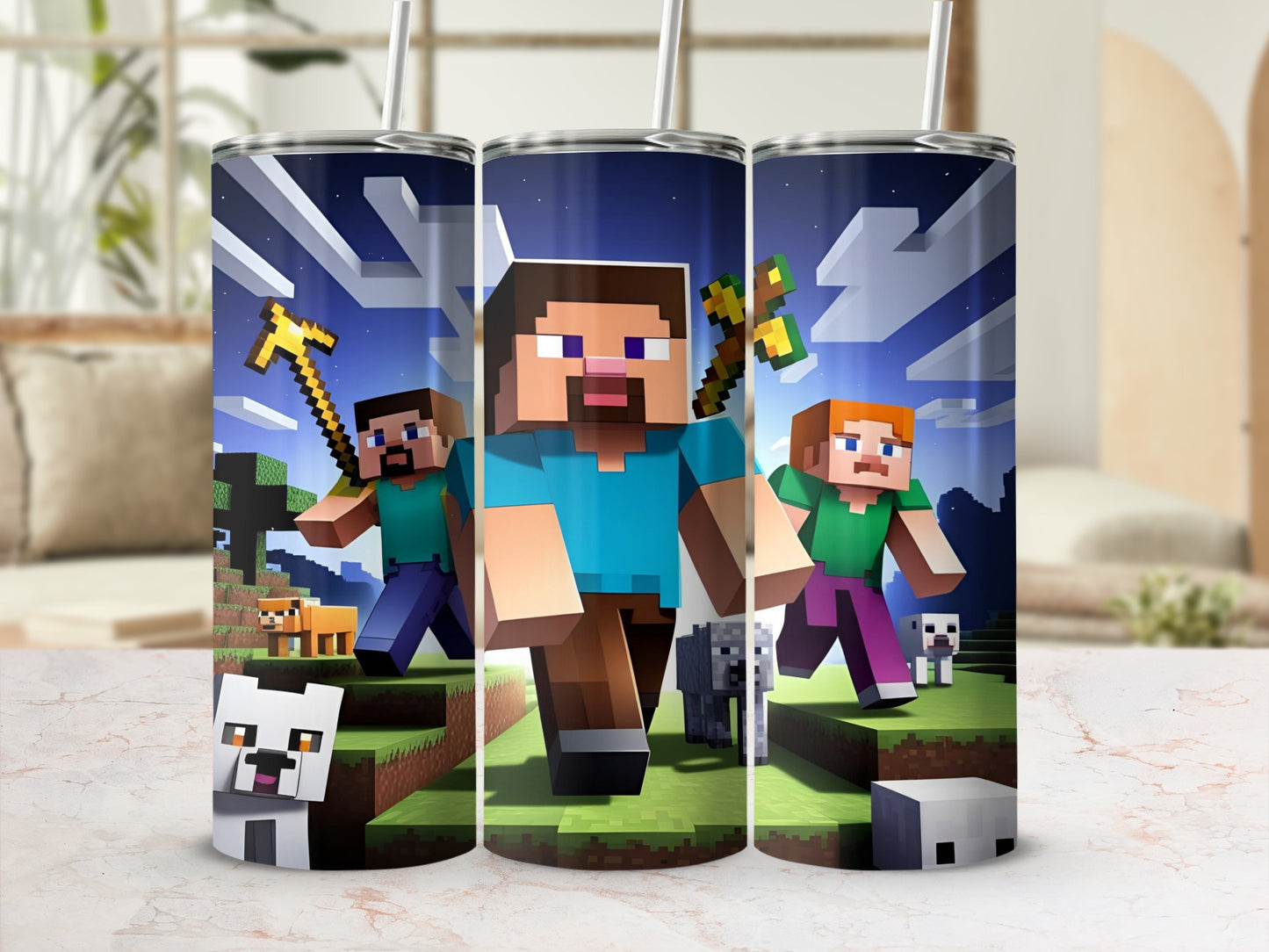 Minecraft characters Steve and Alex with pixelated animals on a tumbler.