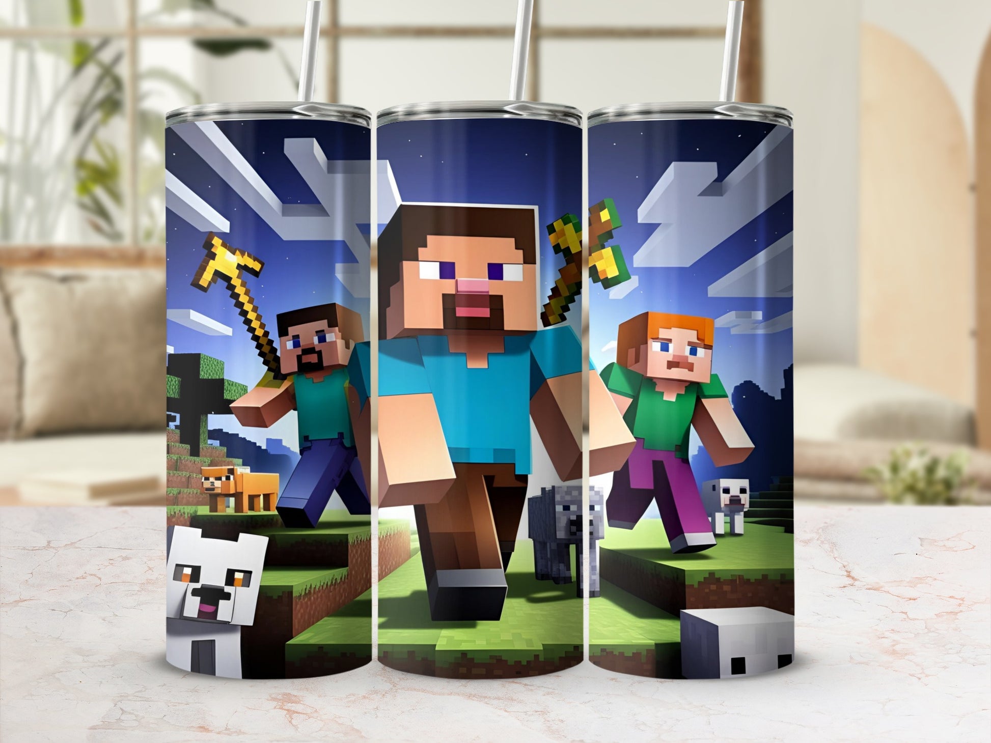 Minecraft characters Steve and Alex with pixelated animals on a tumbler.