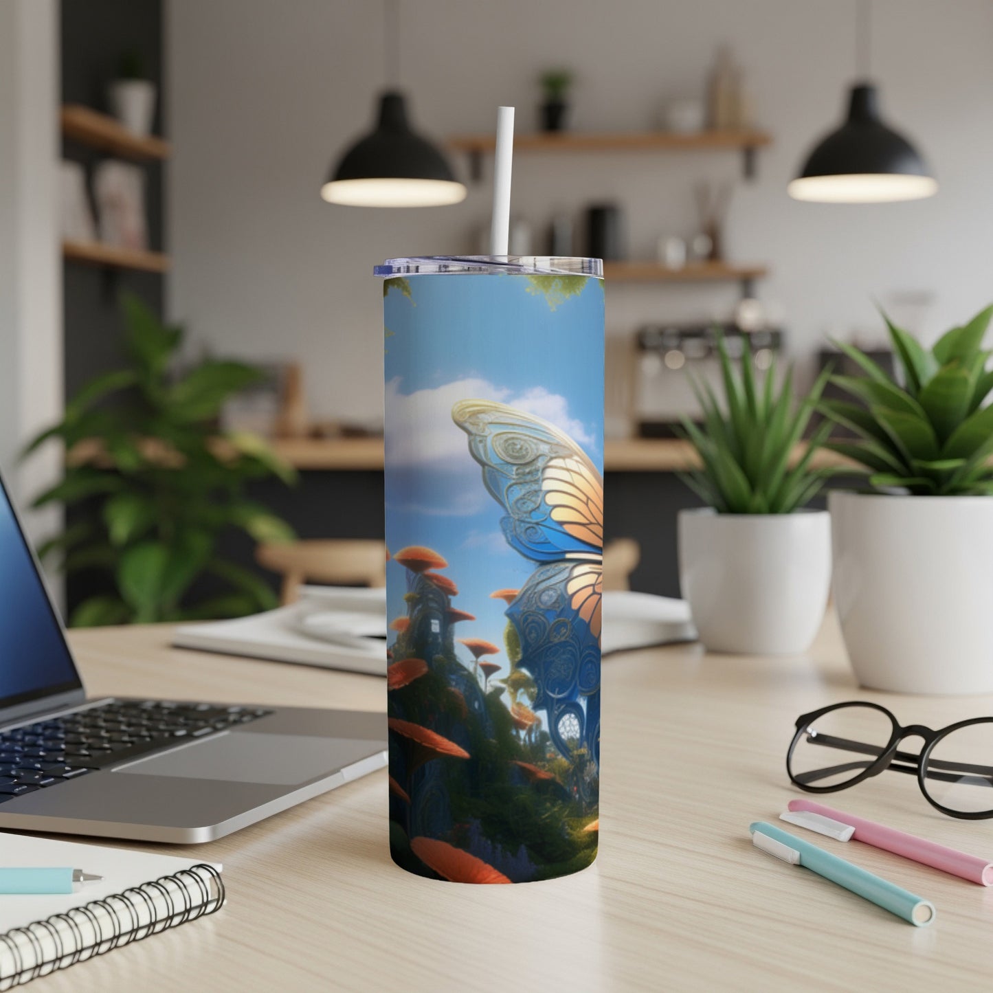 Butterfly and mushroom fantasy scene on a tall, slender tumbler.