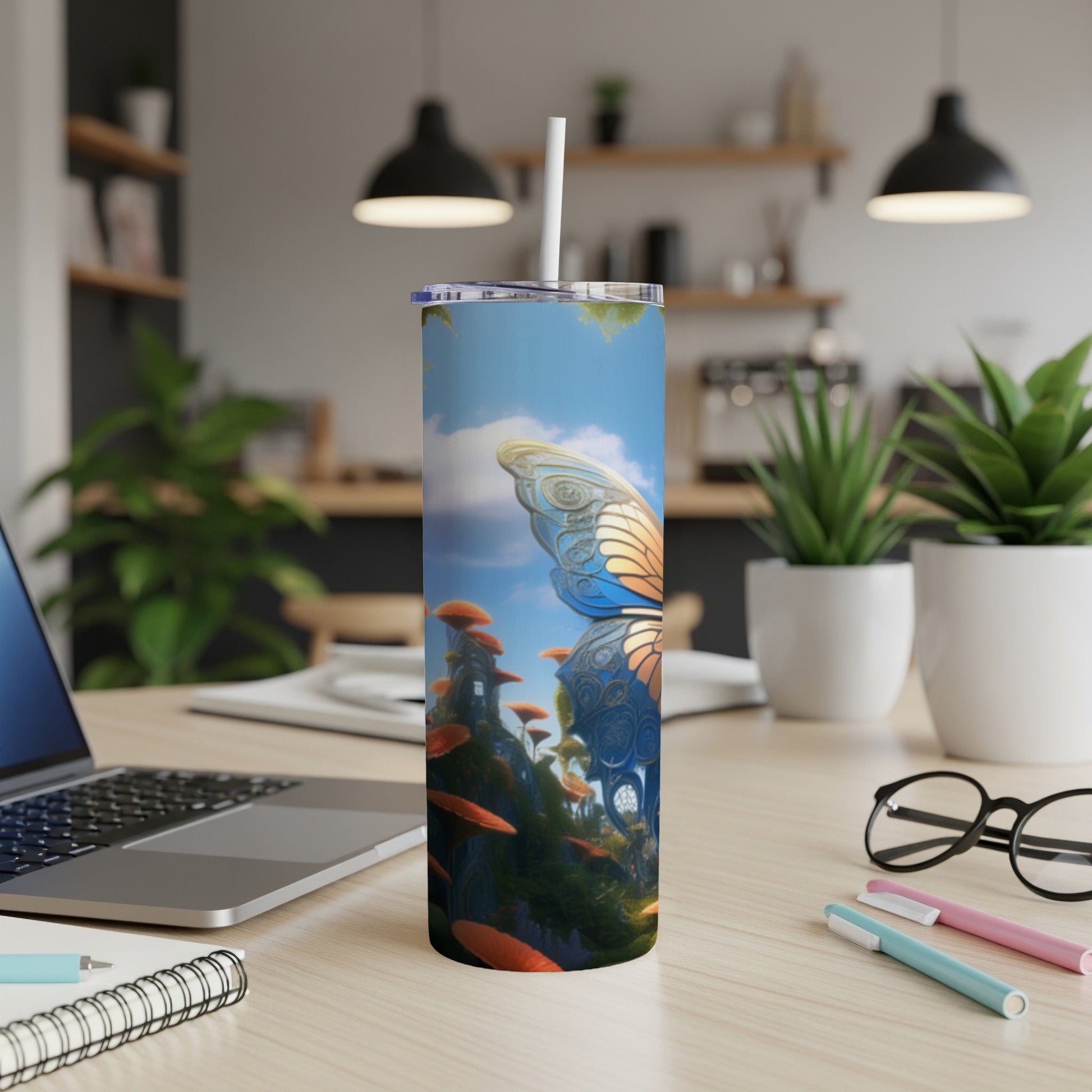 Butterfly and mushroom fantasy scene on a tall, slender tumbler.