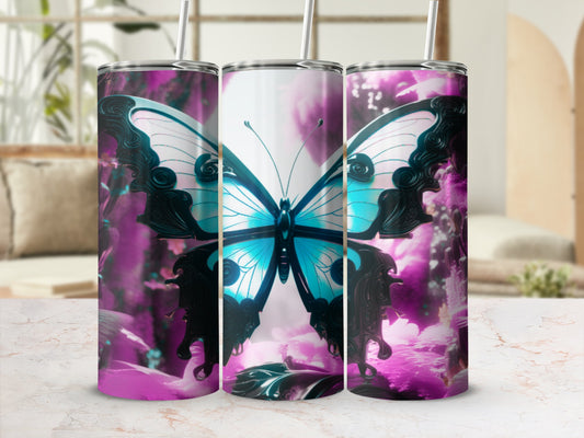 Butterfly tumbler with vibrant wings against a blurred floral background.