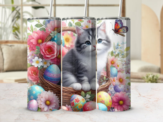 Cat in a basket with Easter eggs and flowers, butterfly above.