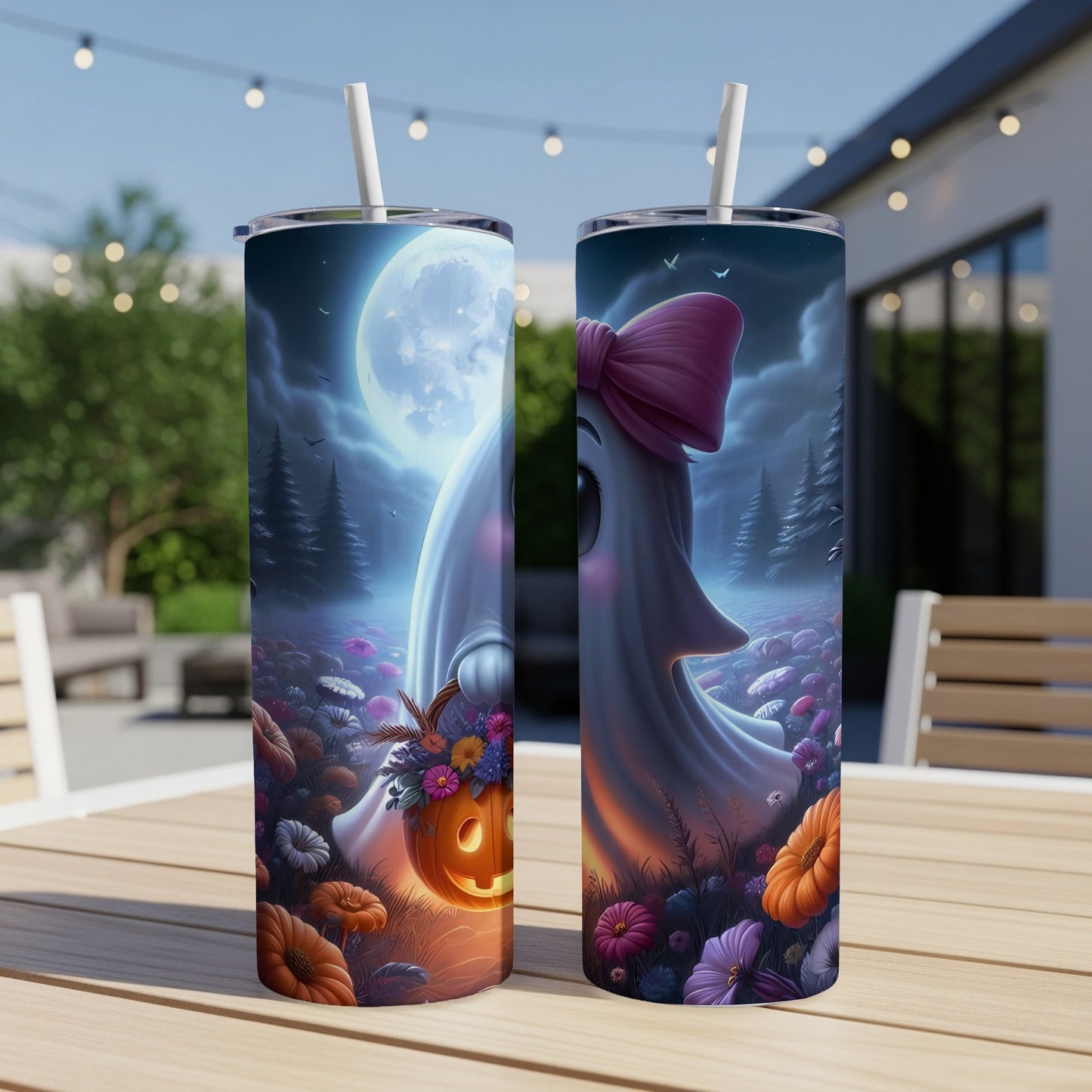 Two tumblers featuring a cute ghost holding a jack-o-lantern and flowers under a full moon.
