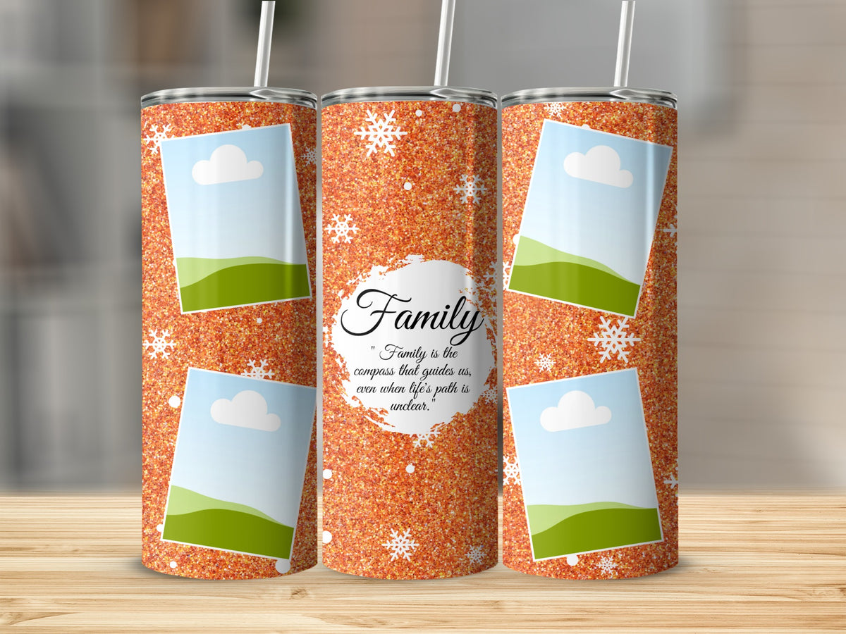 Orange glitter tumblers with snowflakes, picture frames, and family quote.