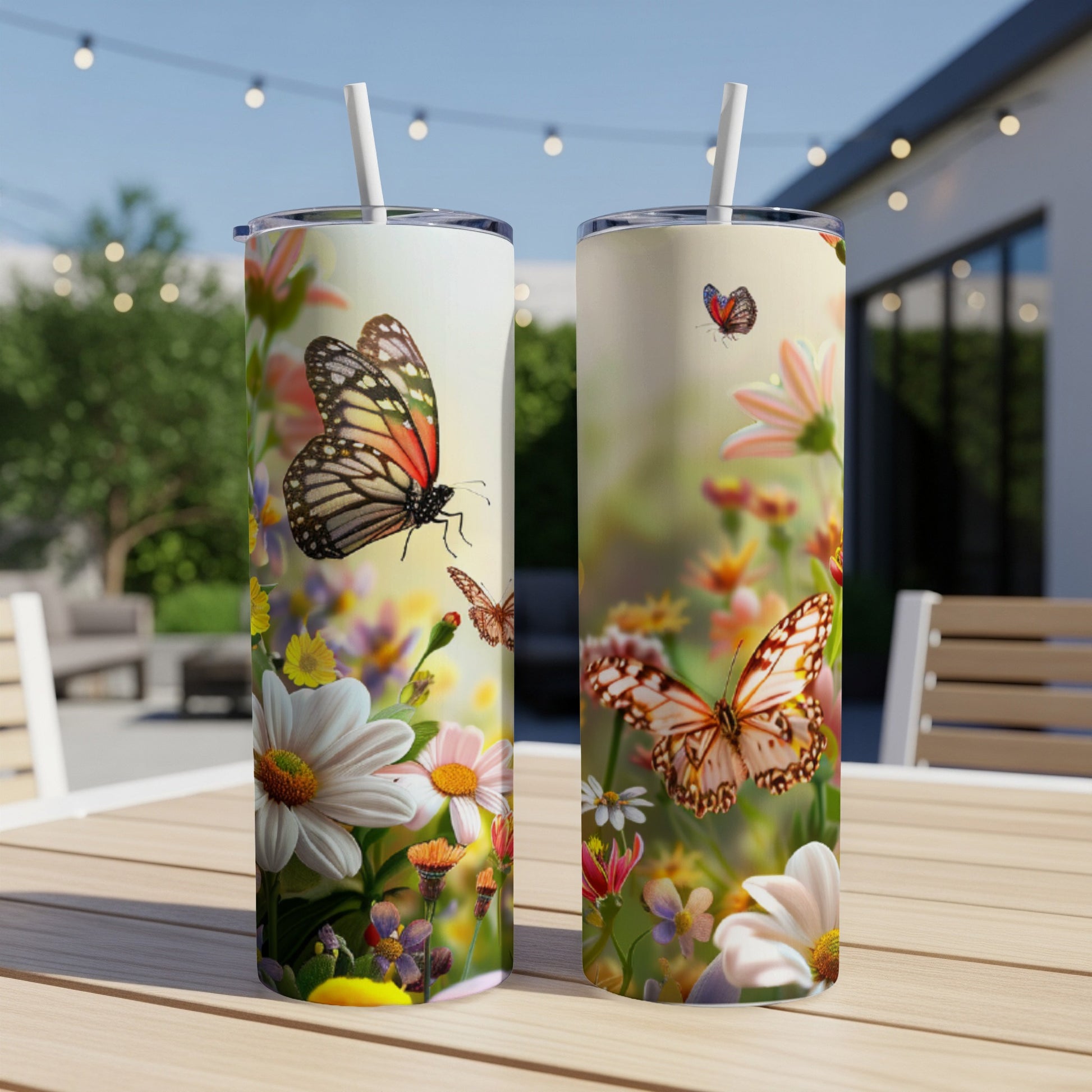 Two tumblers with butterfly and floral designs on a wooden table.