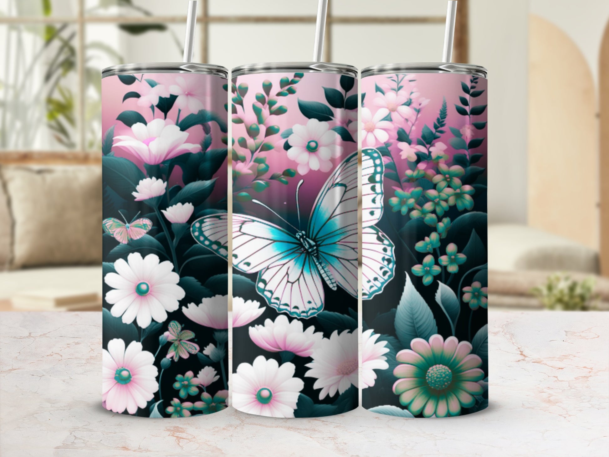 Floral pattern with butterflies on a pink gradient tumbler.