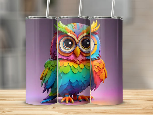Colorful cartoon owl with large eyes on a purple background.