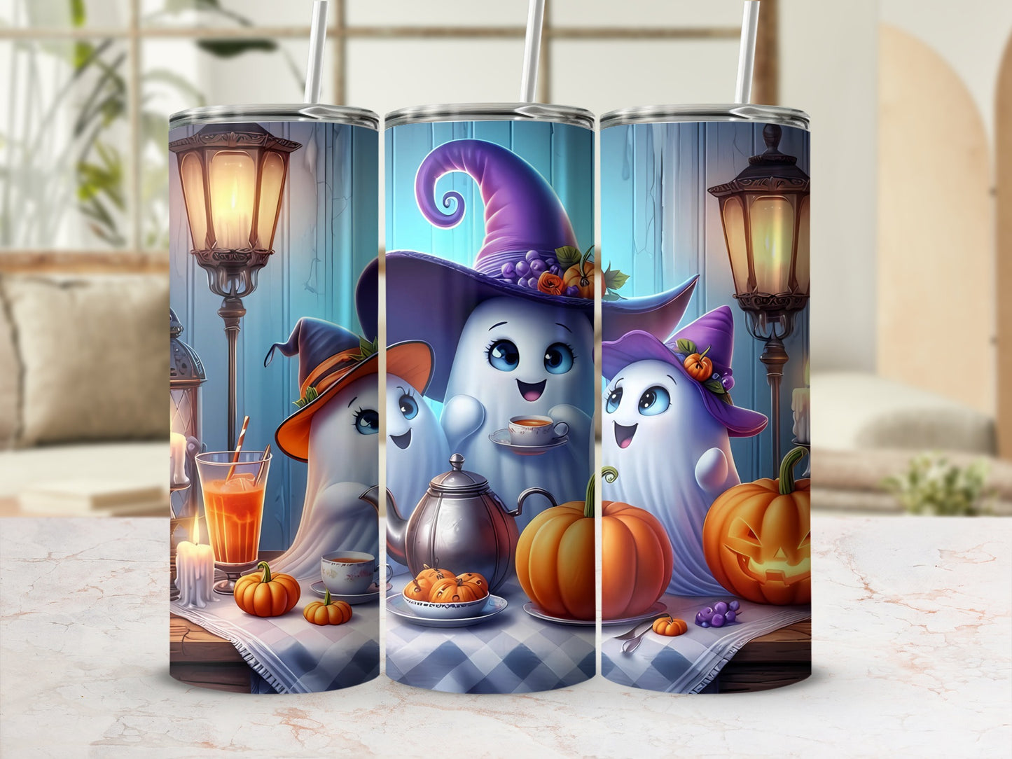 Three ghost characters in witch hats with pumpkins, teacups, and candles.