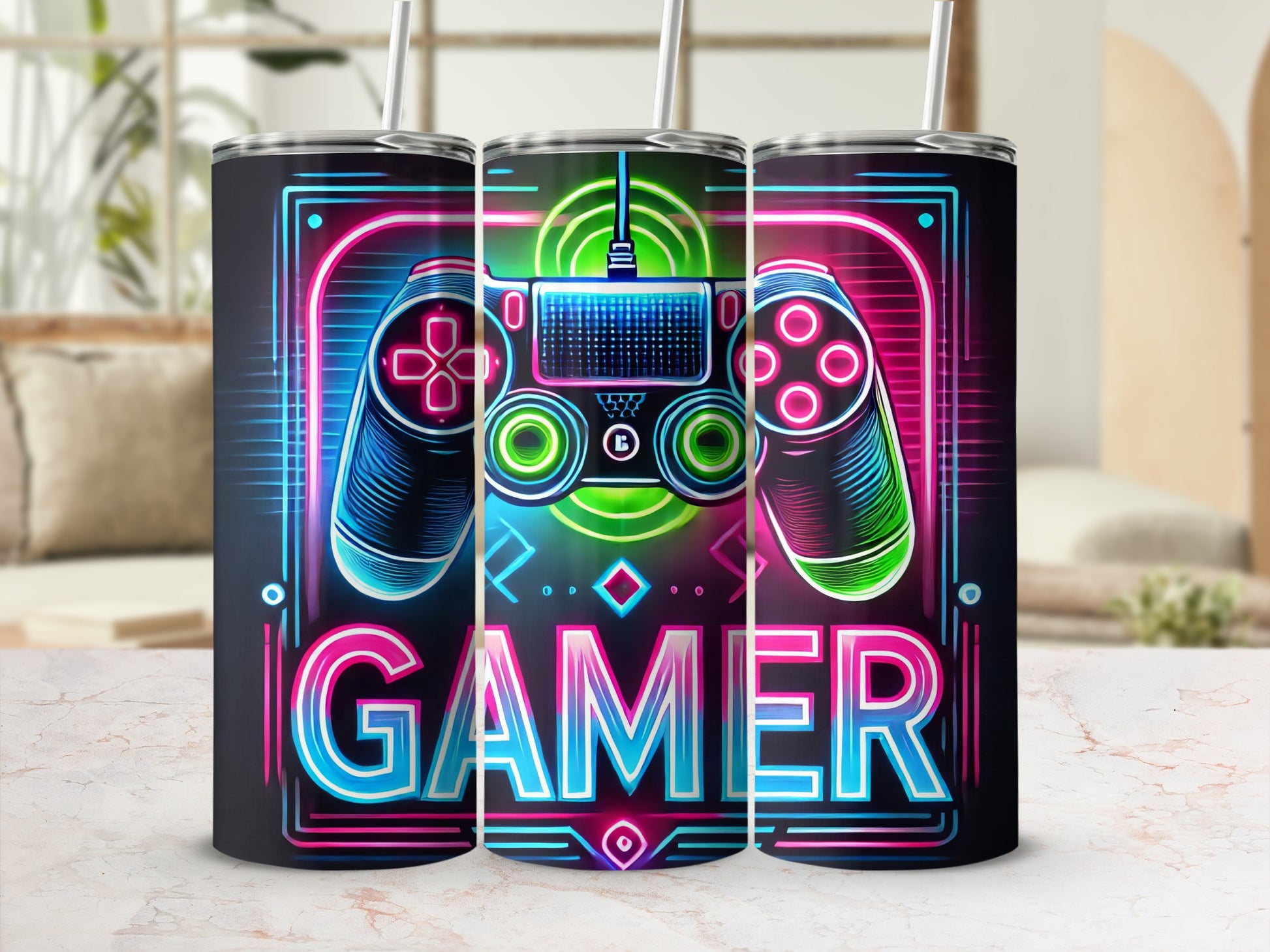 Neon gaming controller with the word "GAMER" in vibrant colors.