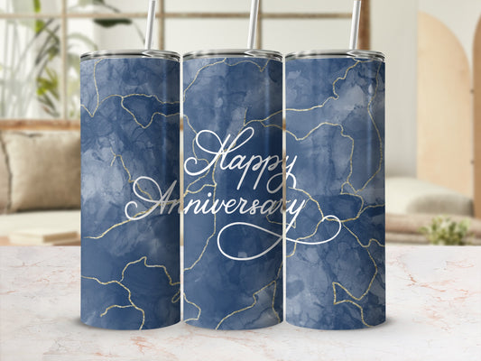 Blue marble tumbler with "Happy Anniversary" text.