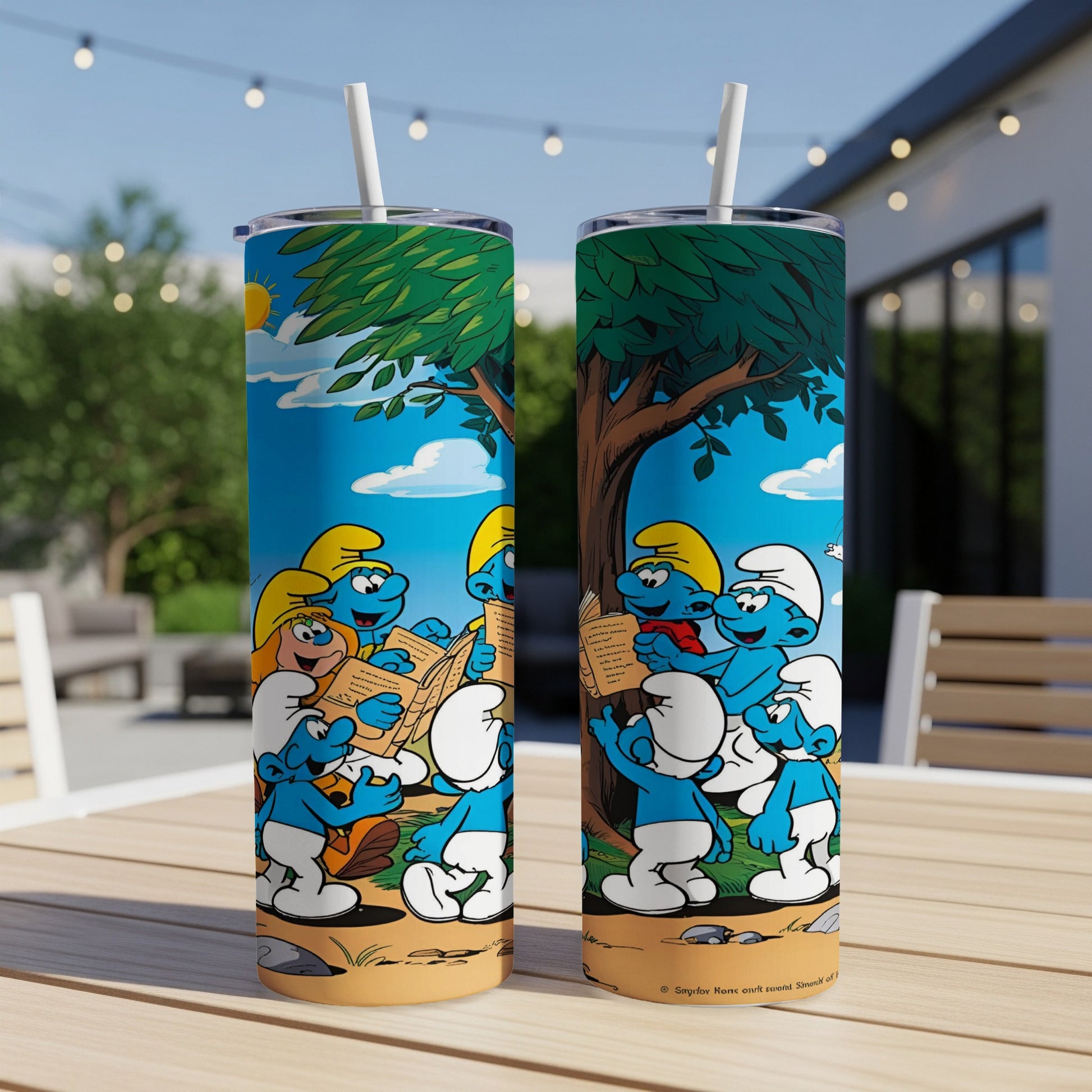 Smurfs reading books under a tree on a blue background.