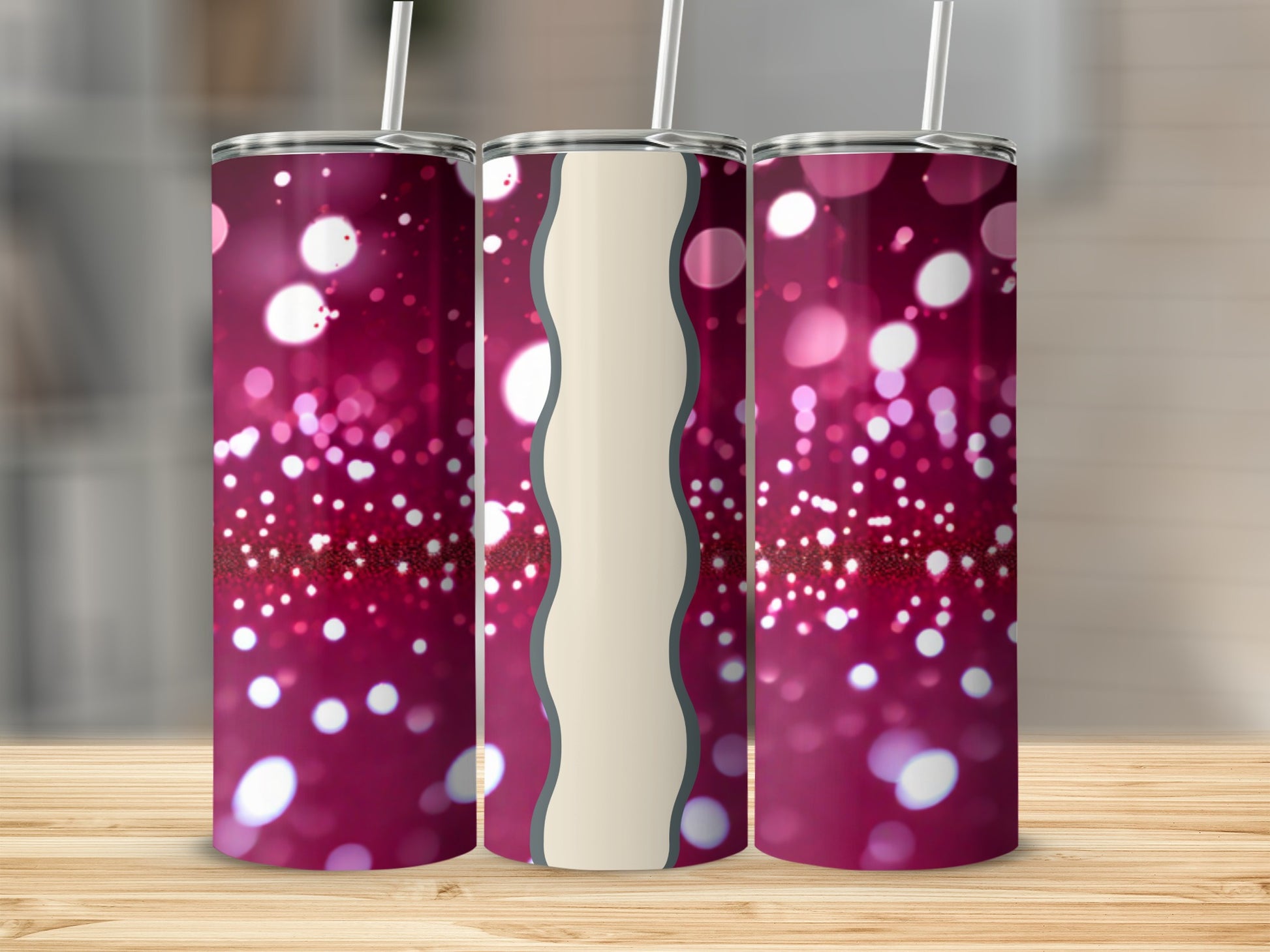 Three tumblers with blurred pink bokeh and cream wavy stripes.