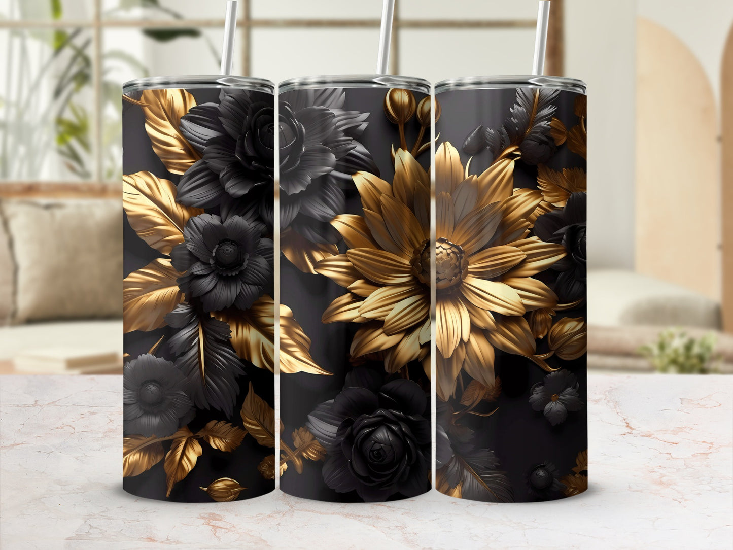 Elegant Black and Gold Floral Design Tumbler