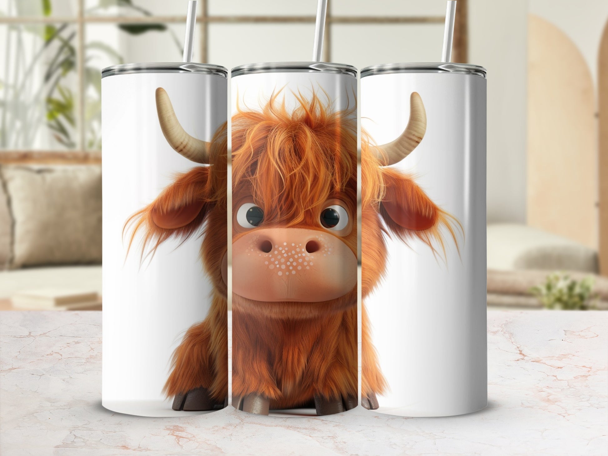 Cute cartoon Highland cow on three tumblers with straws.