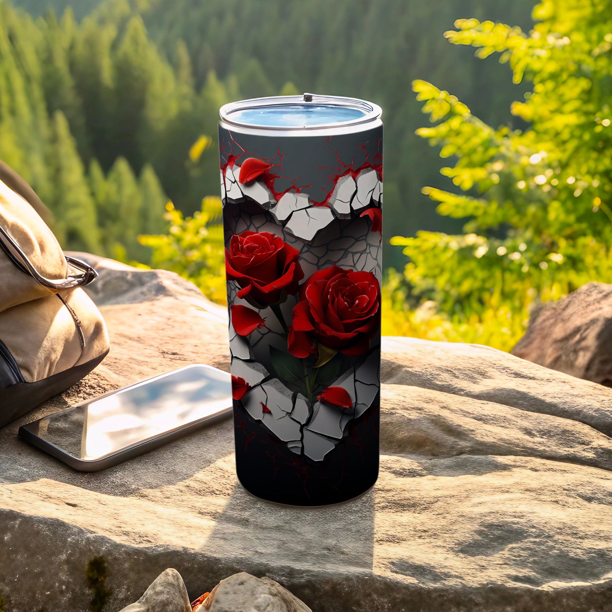Cracked Gray Heart Design with Red Roses Tumbler