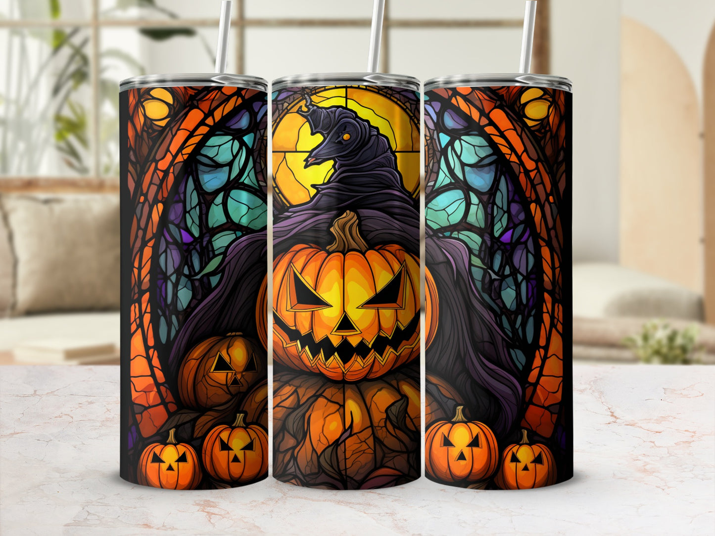 Stained glass tumbler with jack-o'-lantern and pumpkins, Halloween theme.