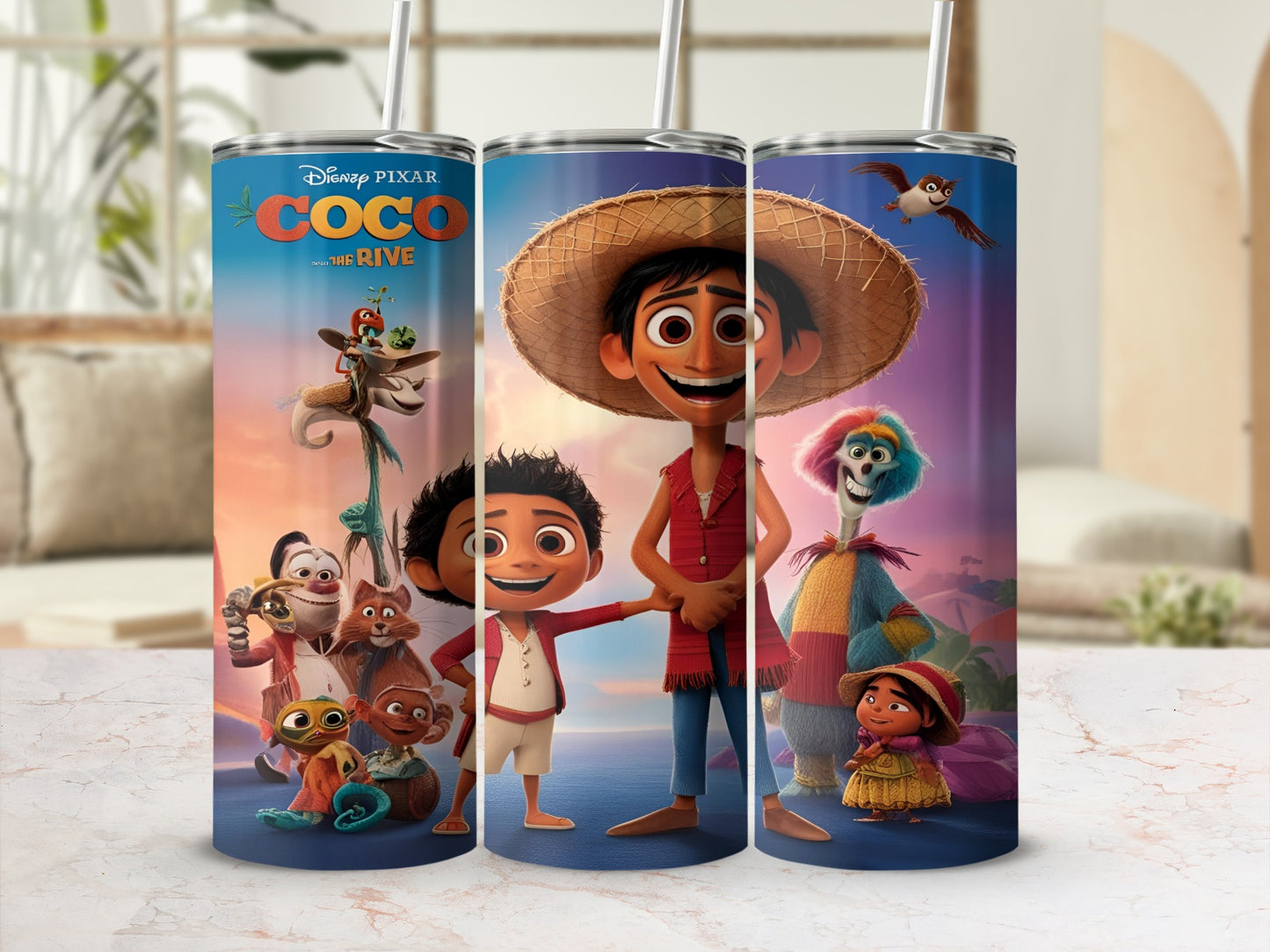 Disney's Coco characters Miguel, Hector, Mamá Coco, and Dante on a tumbler.