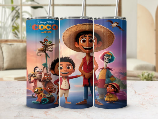 Disney's Coco characters Miguel, Hector, Mamá Coco, and Dante on a tumbler.