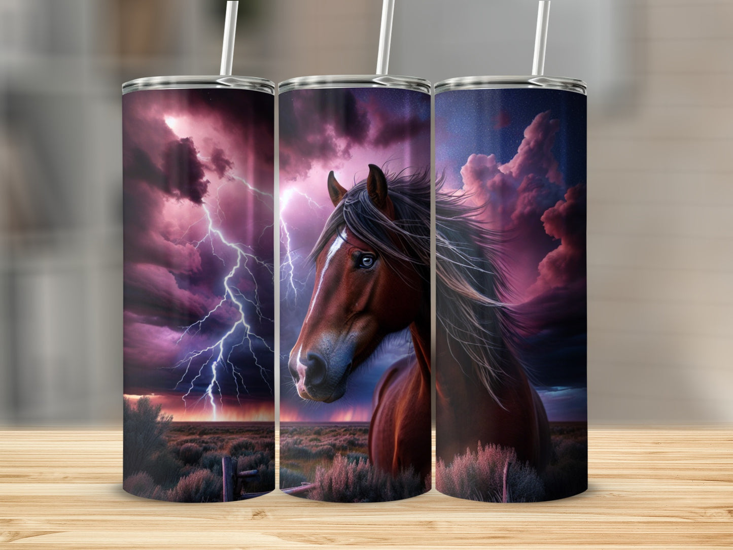 Brown horse with lightning storm background on three tumblers.