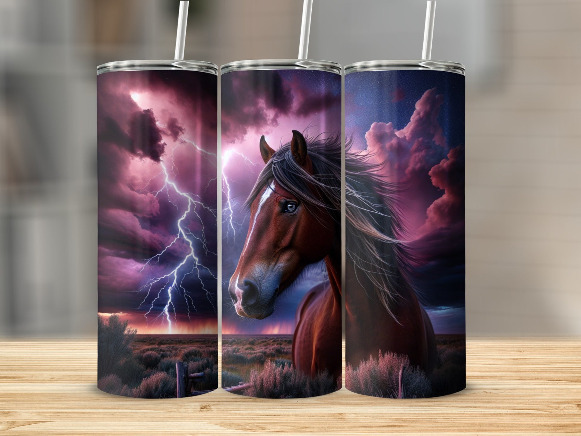 Brown horse with lightning storm background on three tumblers.