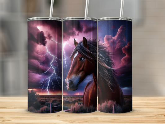 Brown horse with lightning storm background on three tumblers.