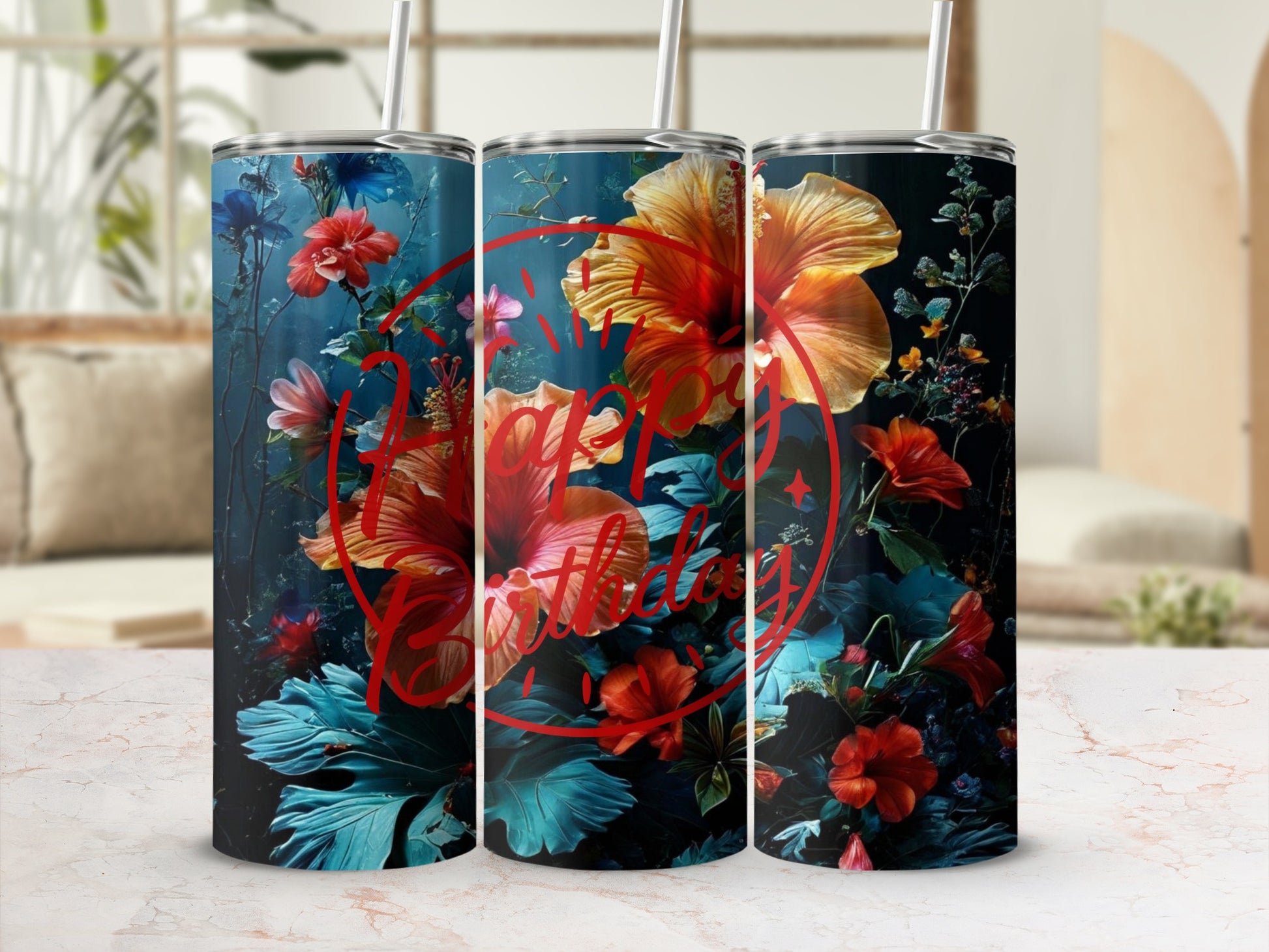 Floral tumbler with "Happy Birthday" text.