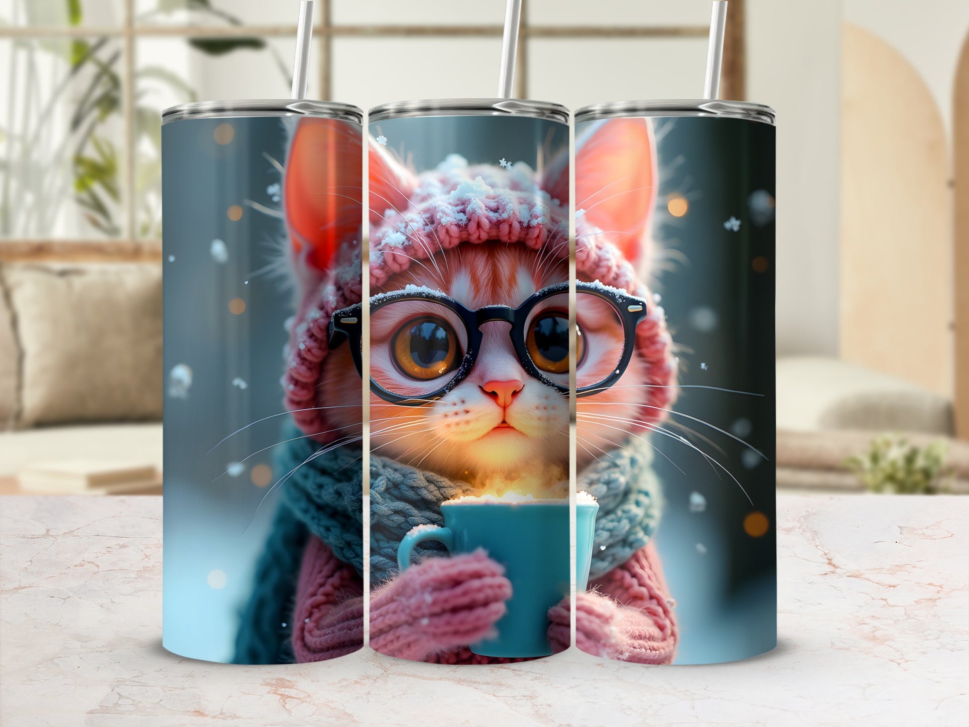 Cute cat in knitted hat and scarf holding mug.