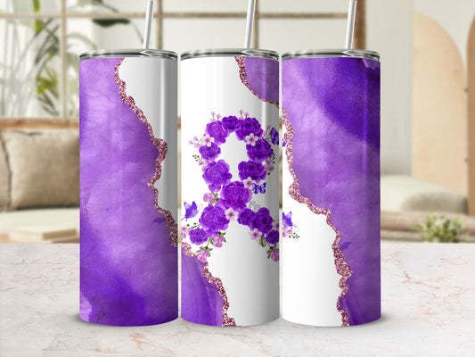 Purple marble tumbler with floral ribbon design and rose gold glitter.