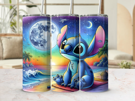 Stitch sitting on a beach with a full moon and colorful sunset sky.