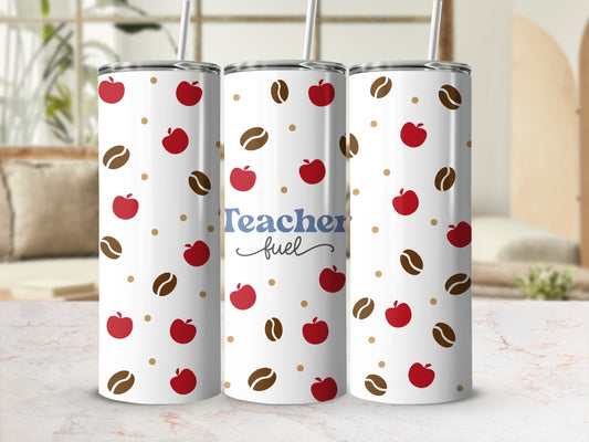 Tumbler with apples, coffee beans, and "Teacher fuel" text.