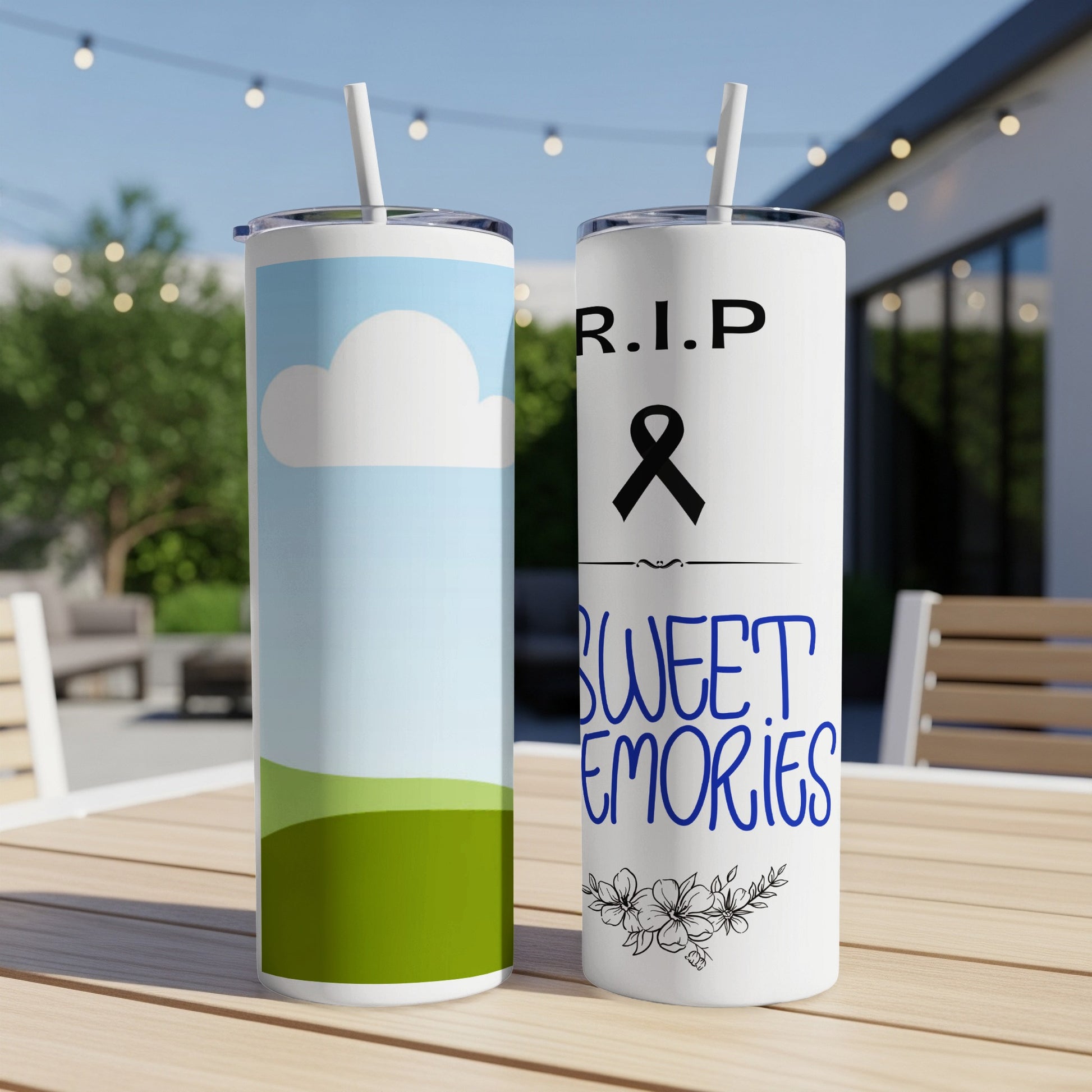White tumbler with "R.I.P." text, black ribbon, and "Sweet Memories" design.