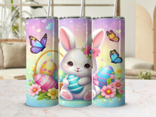 Easter bunny holding decorated egg, surrounded by colorful eggs and butterflies.
