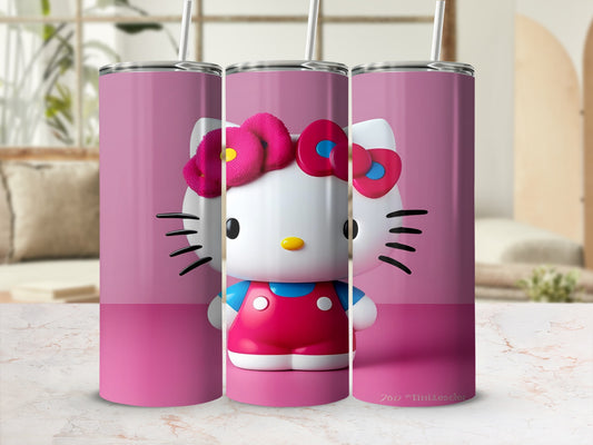 Hello Kitty in blue overalls with pink trim and a pink bow on a pink background.
