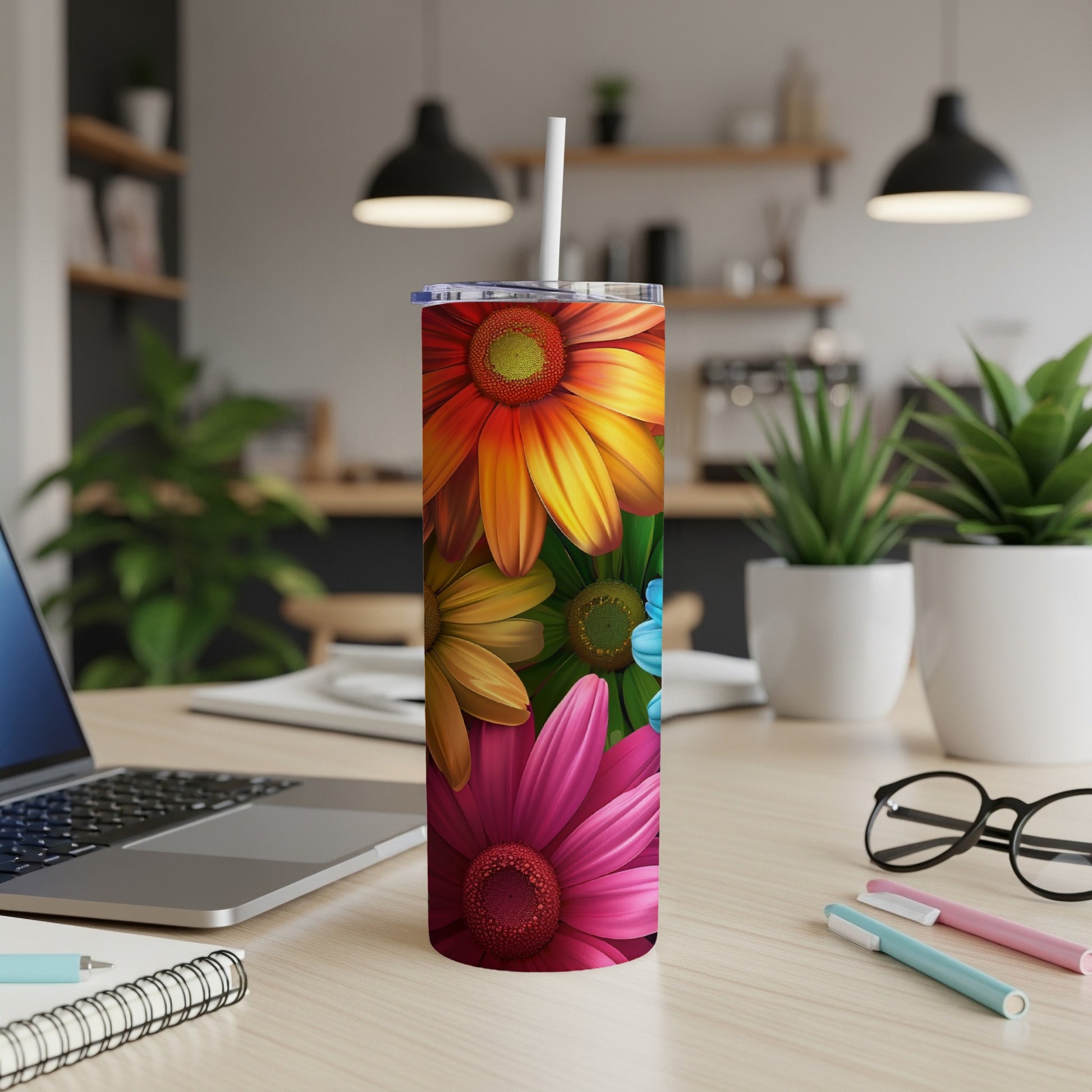 Tumbler with vibrant floral pattern featuring gerbera daisies.
