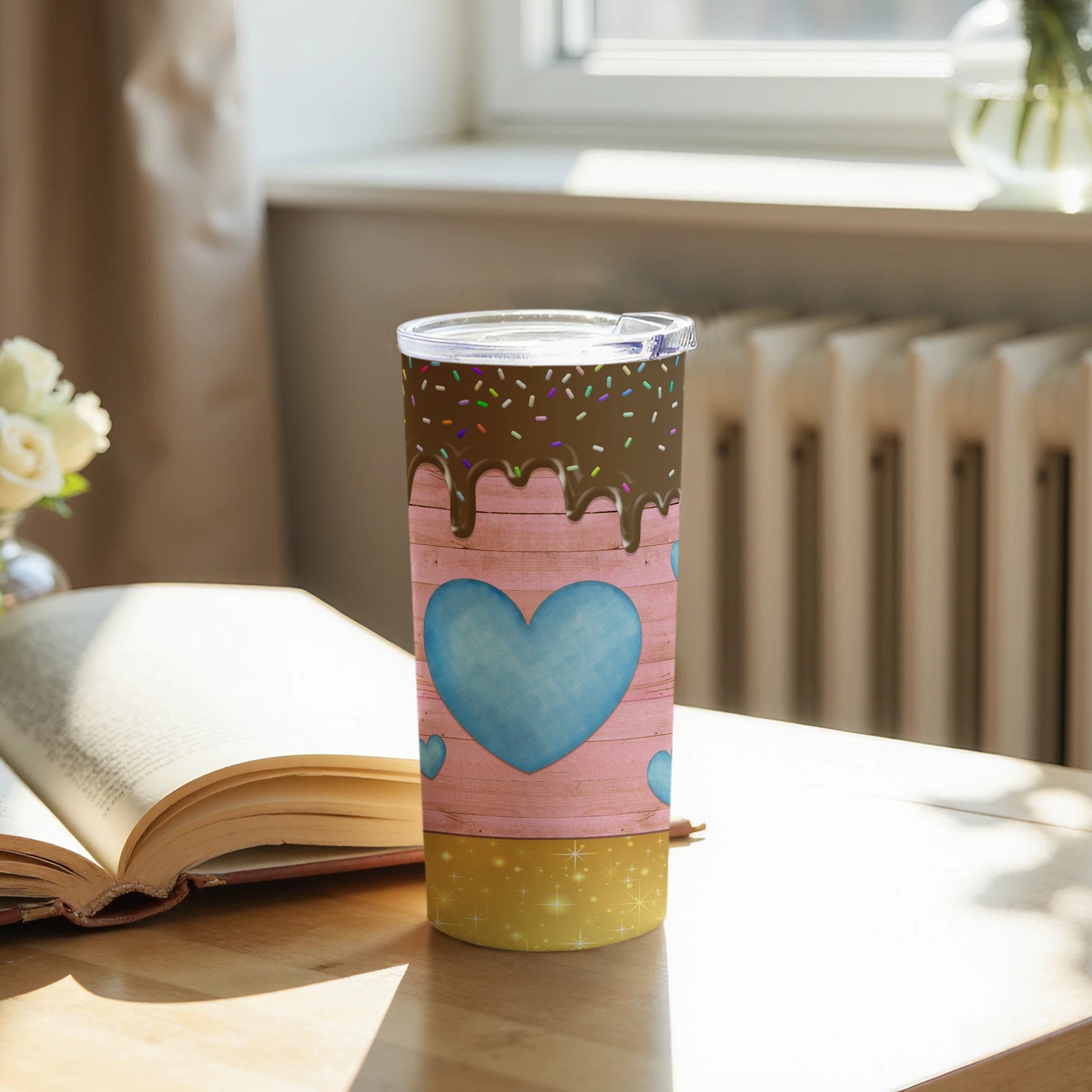 Colorful Heart and Dripping Chocolate Tumbler Cup
