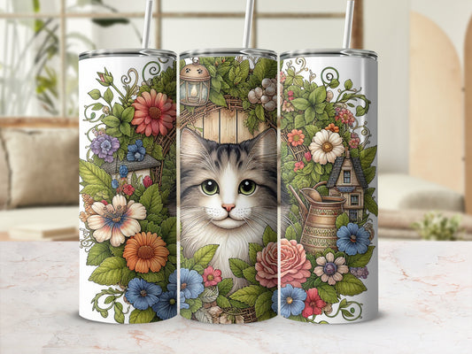 Cat peeking through a floral wreath with a rustic wooden door and watering can.