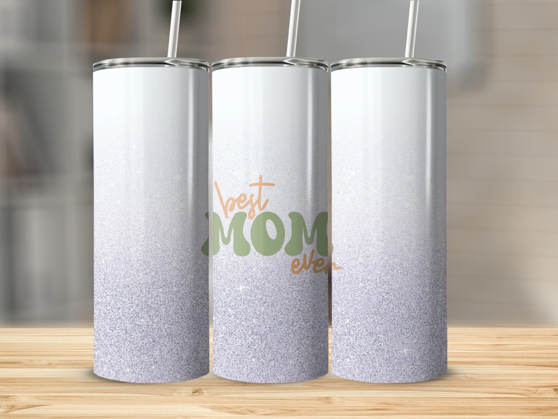 Three tumblers with "best MOM ever" text and glitter gradient.