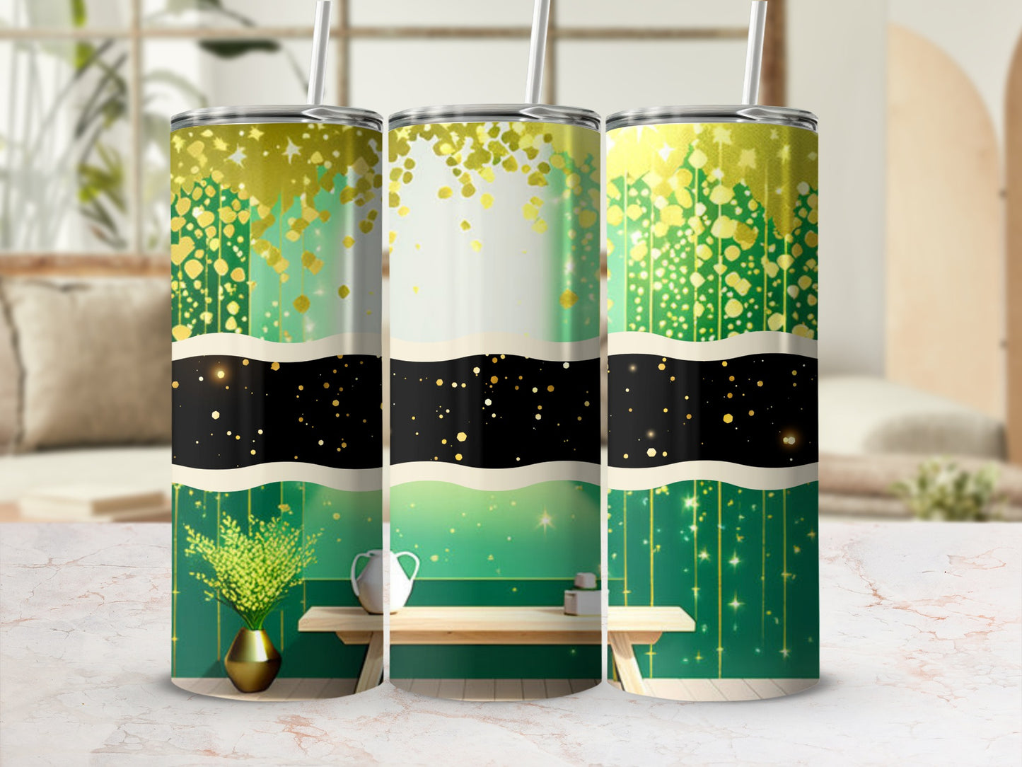 Three tumblers with green and gold glitter patterns and floral accents.