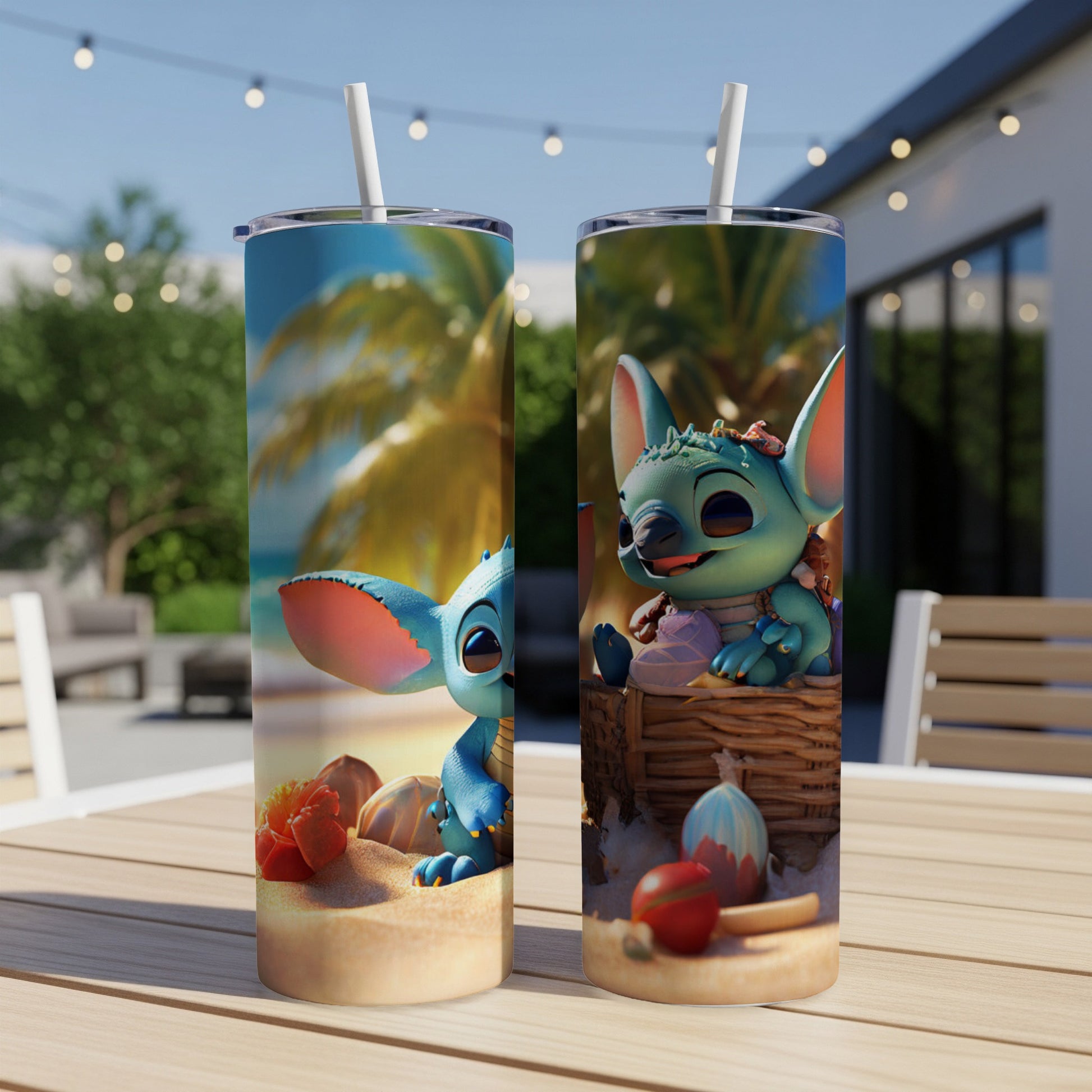Two Stitch themed tumblers on a table with a beach background.